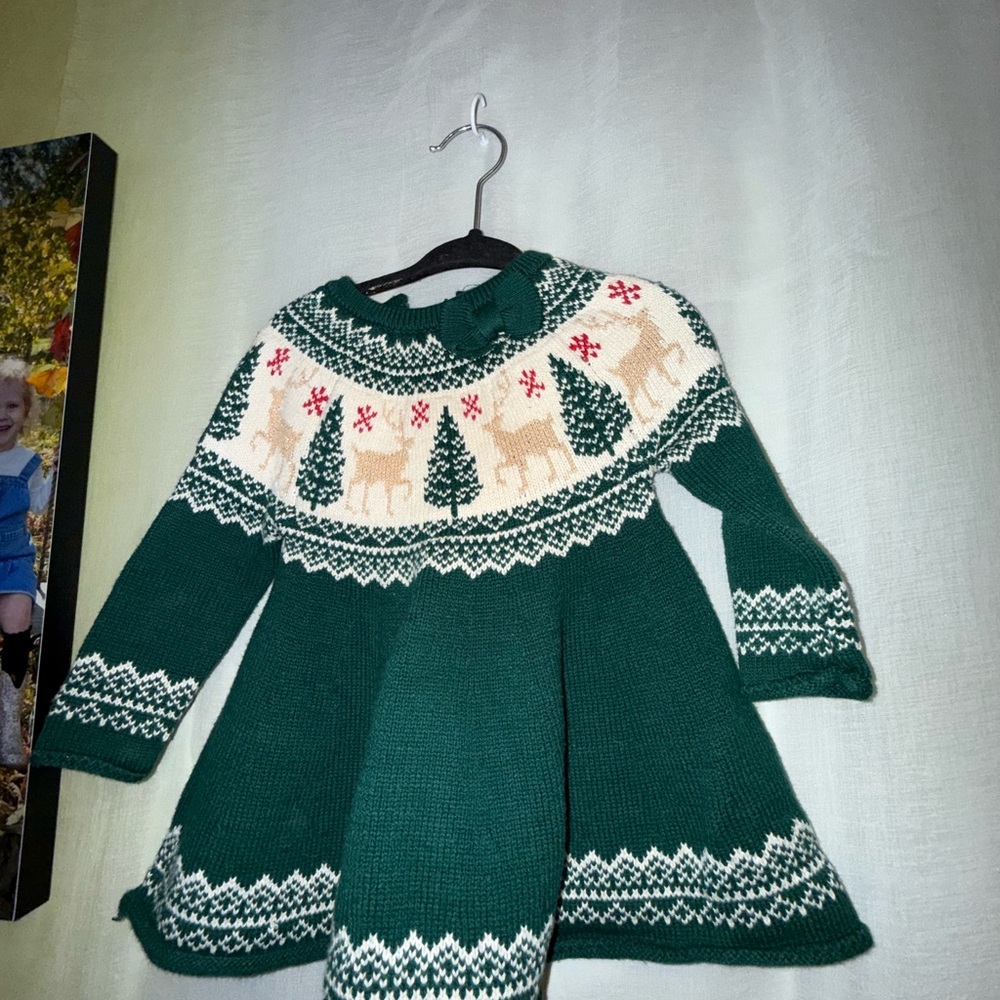Green Holiday Sweater Dress with Reindeer and Tree Pattern